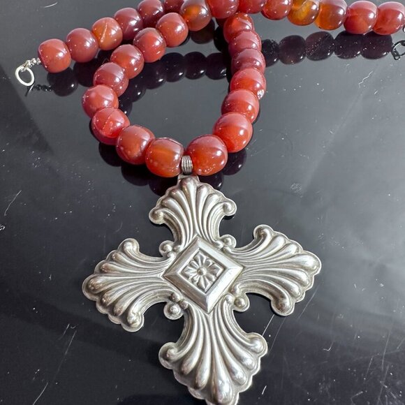 Maltese Cross Sterling Silver Carnelian Choker Necklace 925 Victorian Gift - Picture 2 of 8